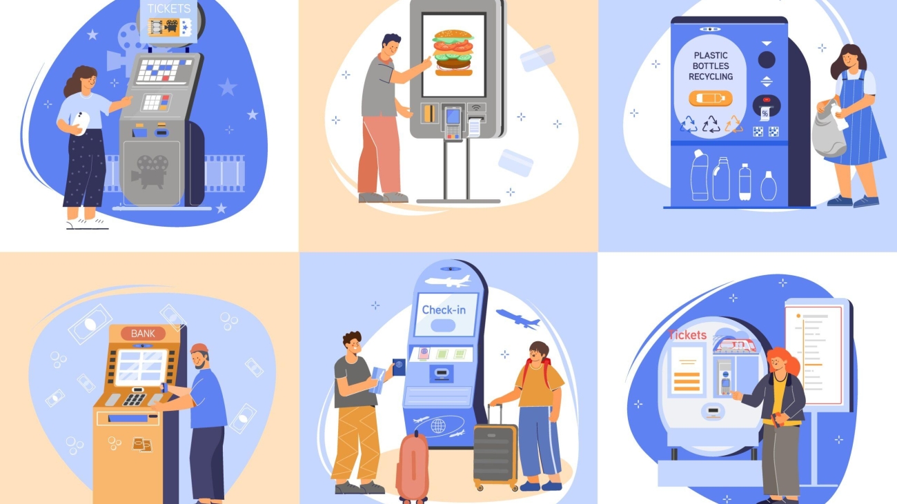 Convenience and joy of using self service machines set flat isolates vector illustration