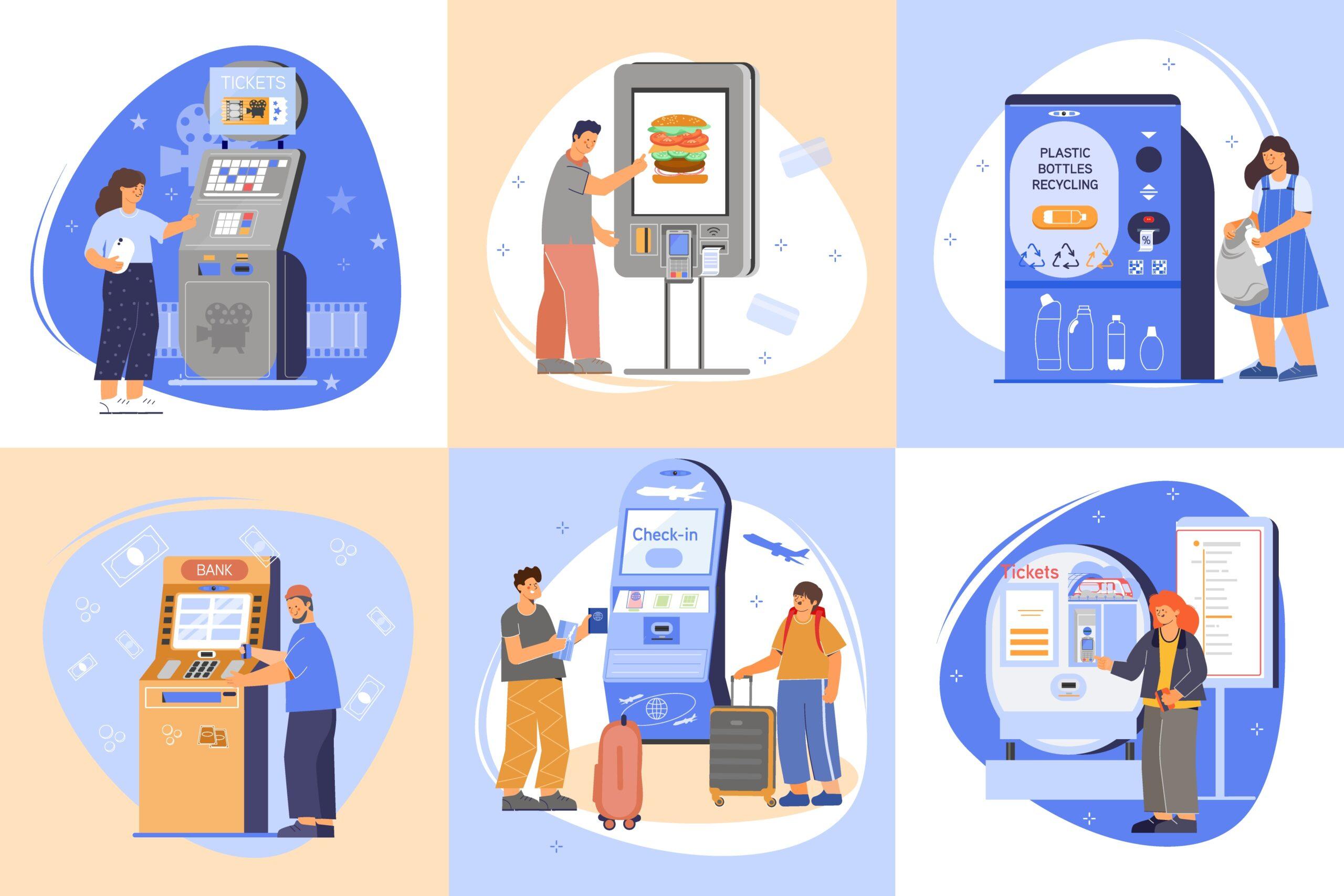 Convenience and joy of using self service machines set flat isolates vector illustration